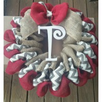 Red, Chevron, Natural Burlap Wreath -Personalized     251792785624
